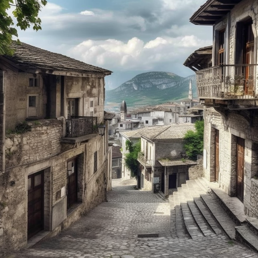 Ville de gjirokaster albanie maison en pierre avec vue sur les montagnes